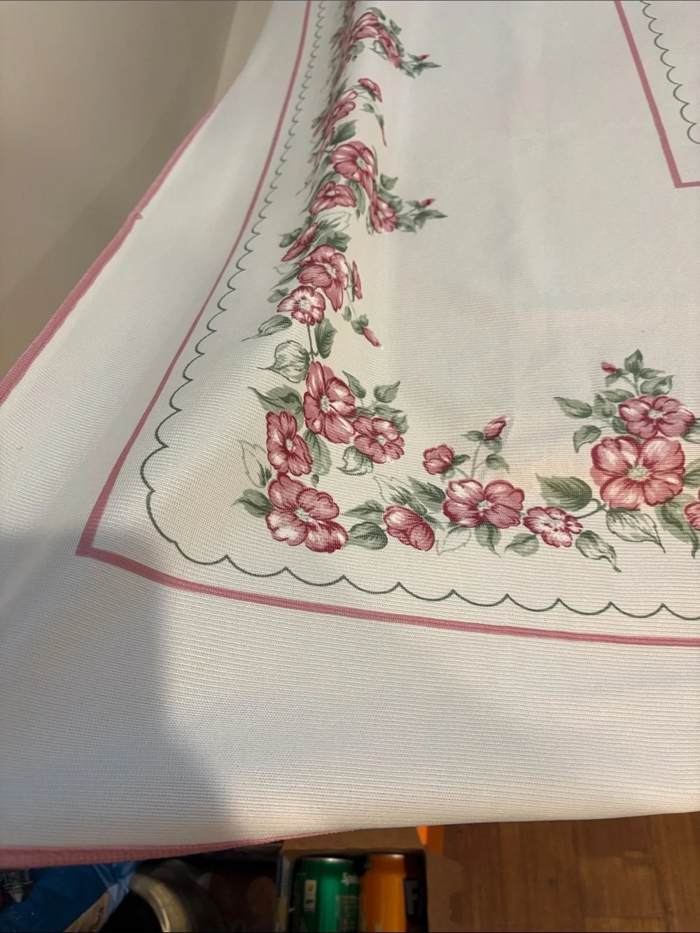 Floral Border Pink and White Tablecloth